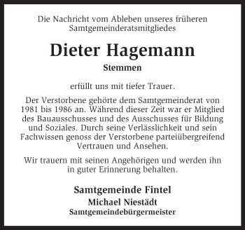 Traueranzeige von Dieter Hagemann von KRZ