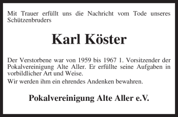 Traueranzeige von Karl Köster von KREISZEITUNG SYKE