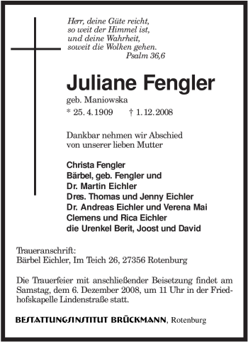 Traueranzeige von Juliane Fengler von KREISZEITUNG SYKE