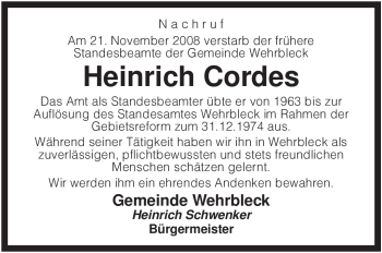 Traueranzeige von Heinrich Cordes von KREISZEITUNG SYKE