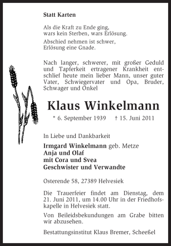 Traueranzeige von Klaus Winkelmann von KREISZEITUNG SYKE