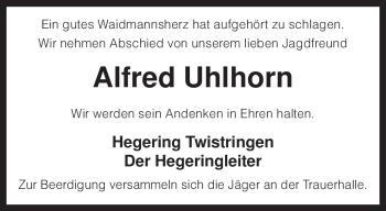 Traueranzeige von Alfred Uhlhorn von KREISZEITUNG SYKE