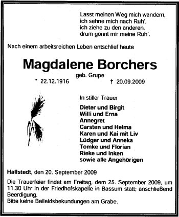 Traueranzeige von Magdalene Borchers von KREISZEITUNG SYKE