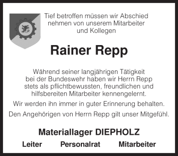 Traueranzeige von Rainer Repp von KREISZEITUNG SYKE