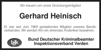 Traueranzeige von Gerhard Heinisch von KREISZEITUNG SYKE