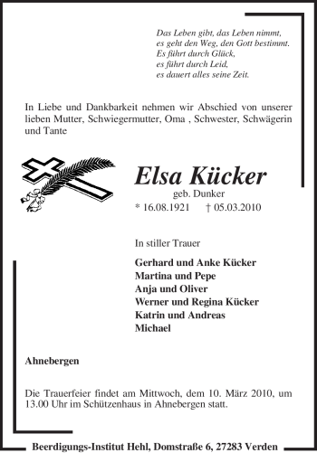 Traueranzeige von Elsa Kücker von KREISZEITUNG SYKE