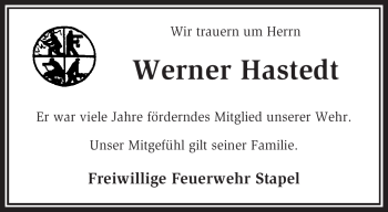 Traueranzeige von Werner Hastedt von KREISZEITUNG SYKE