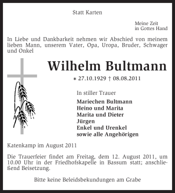 Traueranzeige von Wilhelm Bultmann von KREISZEITUNG SYKE