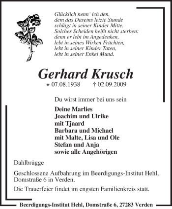 Traueranzeige von Gerhard Krusch von KREISZEITUNG SYKE