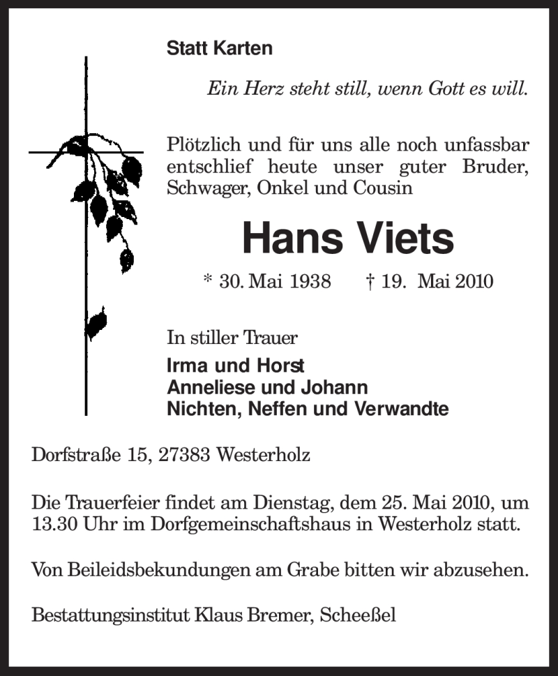  Traueranzeige für Hans Viets vom 21.05.2010 aus KREISZEITUNG SYKE