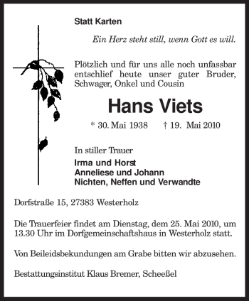 Traueranzeige von Hans Viets von KREISZEITUNG SYKE