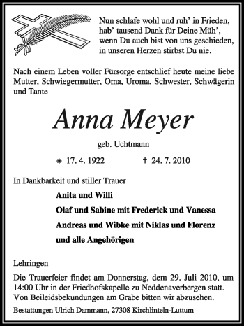 Traueranzeige von Anna Meyer von KREISZEITUNG SYKE