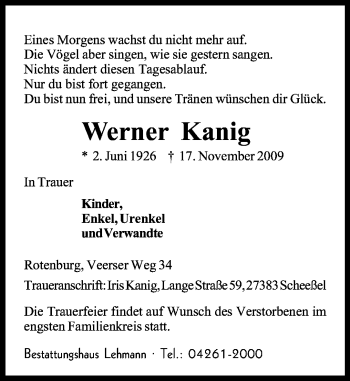 Traueranzeige von Werner Kanig von KREISZEITUNG SYKE