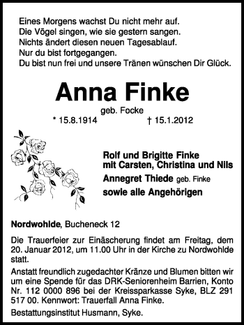 Traueranzeige von Anna Finke von KREISZEITUNG SYKE