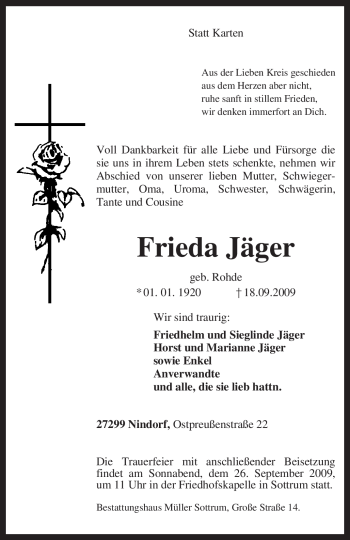 Traueranzeige von Frieda Jäger von KREISZEITUNG SYKE