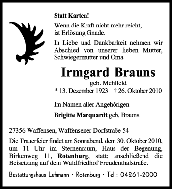 Traueranzeige von Irmgard Brauns von KREISZEITUNG SYKE