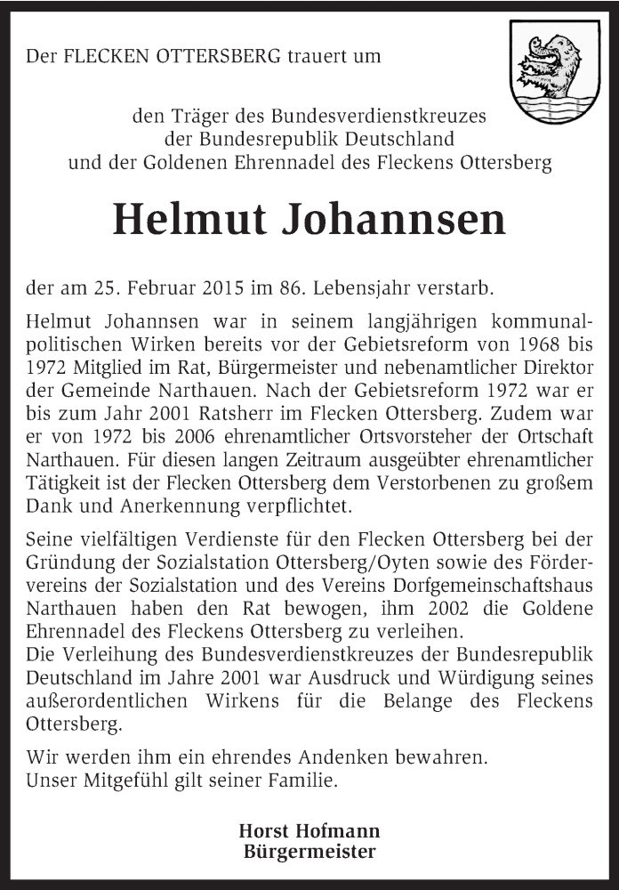  Traueranzeige für Helmut Johannsen vom 27.02.2015 aus KRZ