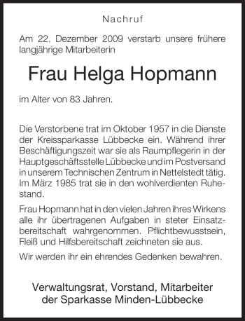 Traueranzeige von Helga Hopmann von KREISZEITUNG SYKE