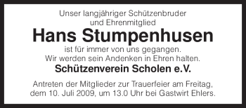 Traueranzeige von Hans Stumpenhusen von KREISZEITUNG SYKE