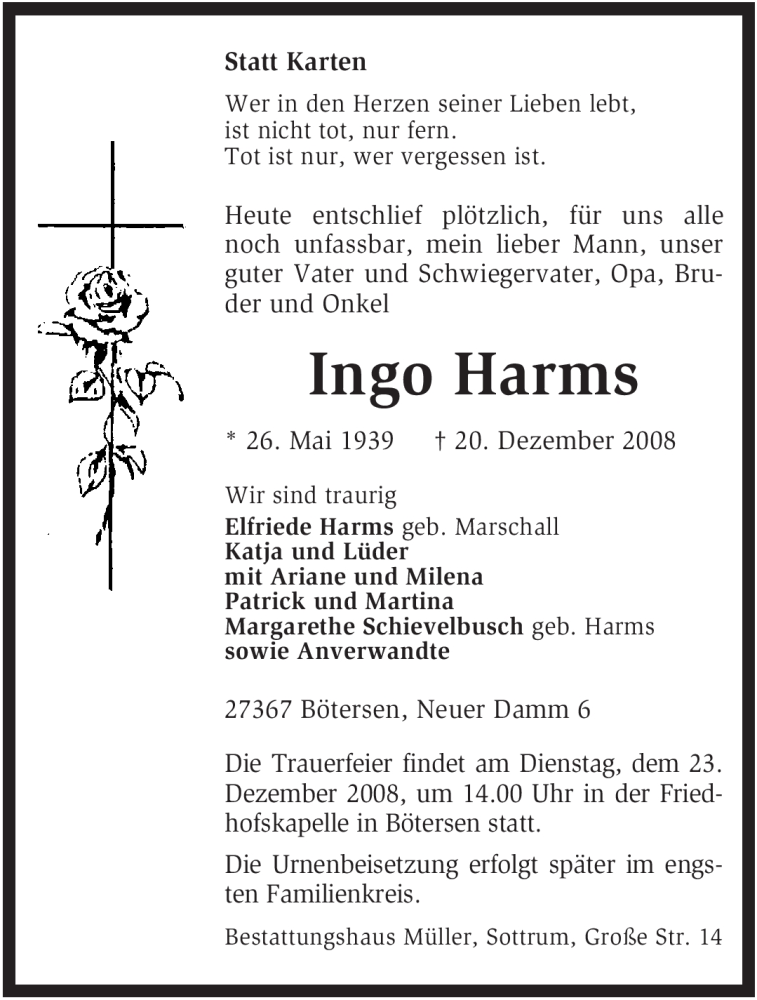  Traueranzeige für Ingo Harms vom 22.12.2008 aus KREISZEITUNG SYKE