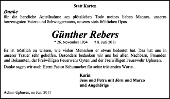 Traueranzeige von Günther Rebers von KREISZEITUNG SYKE