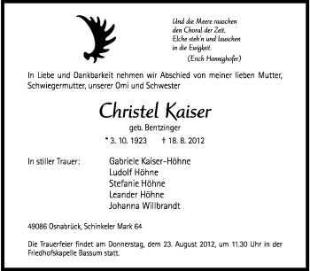 Traueranzeige von Christel Kaiser von KREISZEITUNG SYKE