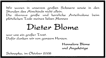 Traueranzeige von Dieter Blome von KREISZEITUNG SYKE