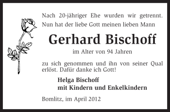 Traueranzeige von Gerhard Bischoff von KREISZEITUNG SYKE