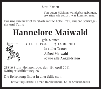 Traueranzeige von Hannelore Maiwald von KREISZEITUNG SYKE