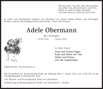 Traueranzeige von Adele Obermann von KREISZEITUNG SYKE