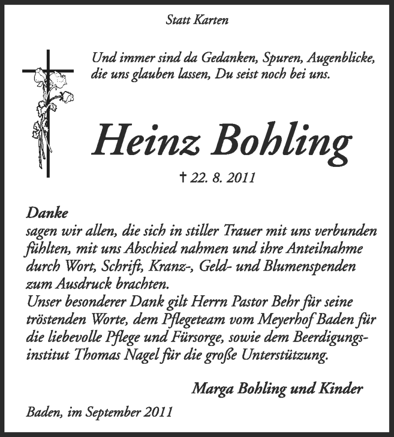  Traueranzeige für Heinz Bohling vom 01.10.2011 aus KREISZEITUNG SYKE