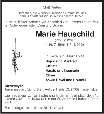 Traueranzeige von Marie Hauschild von KREISZEITUNG SYKE