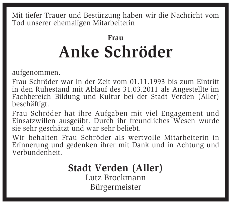 Traueranzeigen von Anke Schröder trauer.kreiszeitung.de