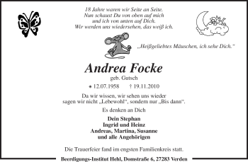 Traueranzeige von Andrea Focke von KREISZEITUNG SYKE