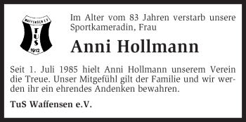 Traueranzeige von Anni Hollmann von KREISZEITUNG SYKE