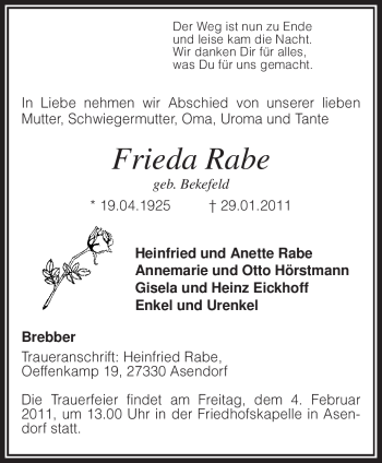 Traueranzeige von Frieda Rabe von KREISZEITUNG SYKE