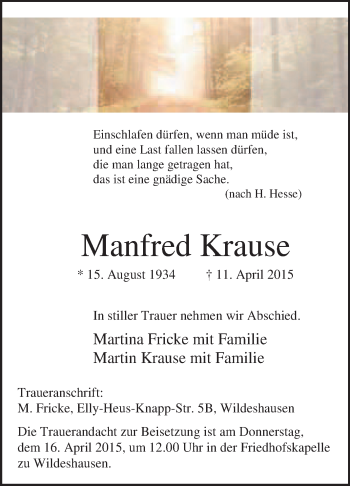 Traueranzeige von Manfred Krause von KRZ