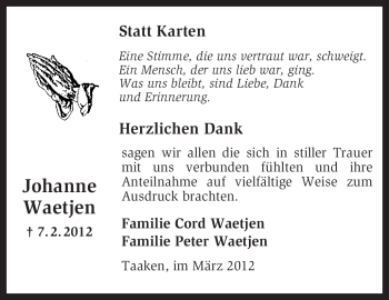 Traueranzeige von Johanne Waetjen von KREISZEITUNG SYKE