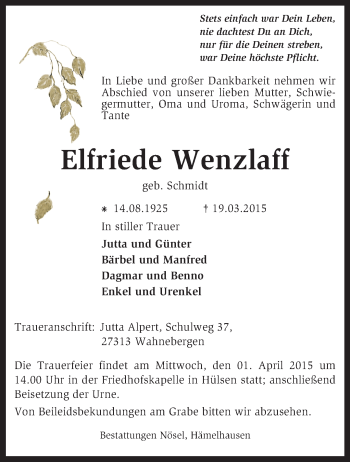 Traueranzeige von Elfriede Wenzlaff von KRZ