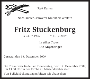 Traueranzeige von Fritz Stuckenburg von KREISZEITUNG SYKE