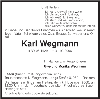 Traueranzeige von Karl Wegmann von KREISZEITUNG SYKE