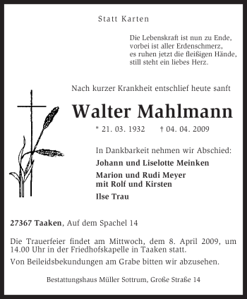 Traueranzeige von Walter Mahlmann von KREISZEITUNG SYKE