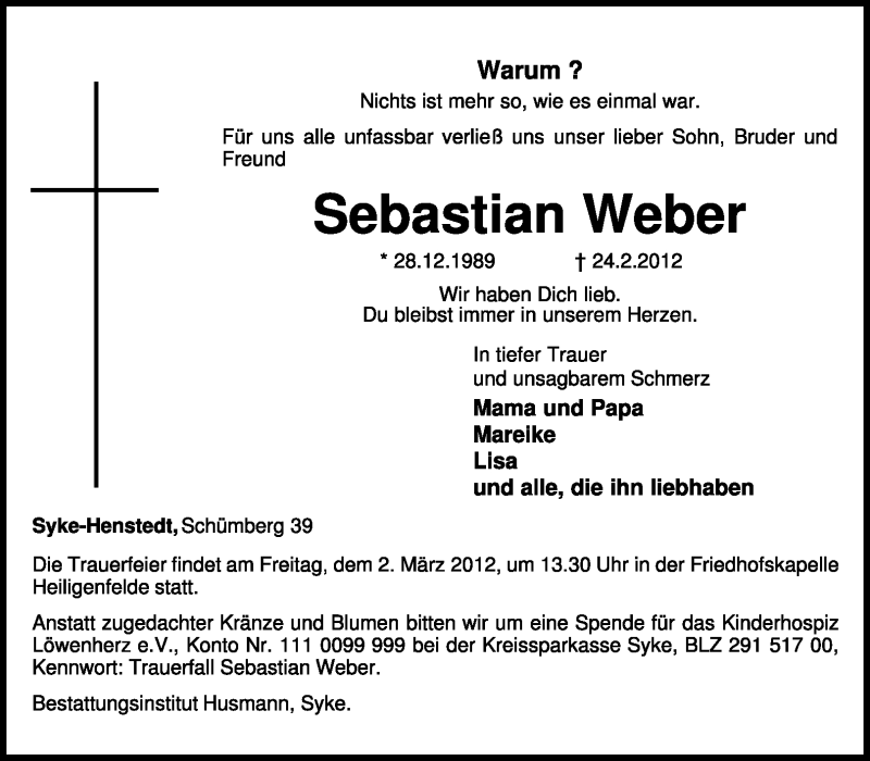  Traueranzeige für Sebastian Weber vom 27.02.2012 aus KREISZEITUNG SYKE