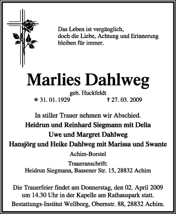 Traueranzeige von Marlies Dahlweg von KREISZEITUNG SYKE