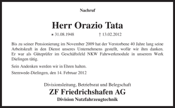 Traueranzeige von Orazio Tata von KREISZEITUNG SYKE