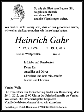 Traueranzeige von Heinrich Gahr von KREISZEITUNG SYKE