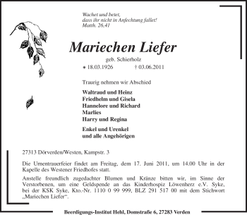 Traueranzeige von Mariechen Liefer von KREISZEITUNG SYKE