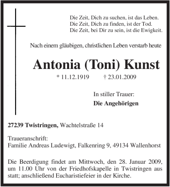 Traueranzeige von Antonia Kunst von KREISZEITUNG SYKE