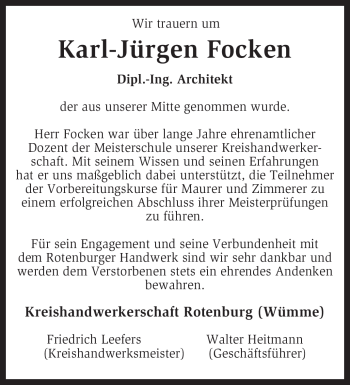 Traueranzeige von Karl-Jürgen Focken von KREISZEITUNG SYKE