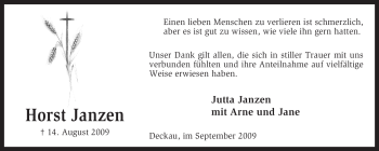 Traueranzeige von Horst Janzen von KREISZEITUNG SYKE